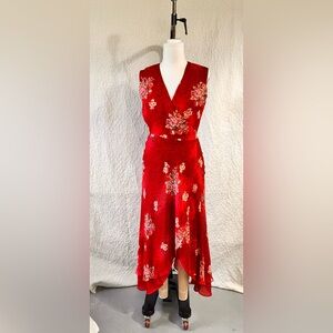 I.C.E Vintage Dress Silk Size 4 Red Floral Maxi Wrap Up Asymmetrical Lightweight